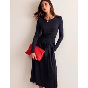 BODEN Thea Long Sleeve Jersey Dress Size 8 Navy Blue Midi Classic Minimalist